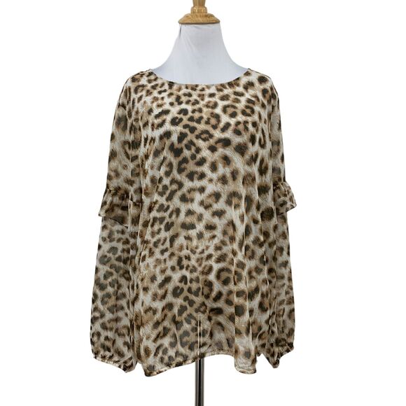 Wrangler Retro Blouse Womens XL Extra Large Cheetah Sheer Ruffle Tiered Sleeve - Picture 1 of 15